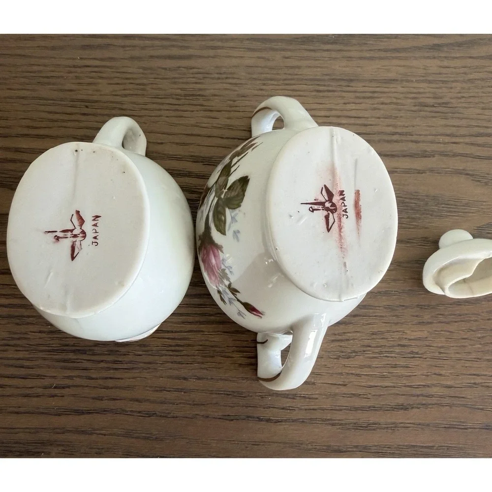 Vintage Japan‎ Floral Sugar Bowl Creamer Set Gold Trim Pink Roses Cottage